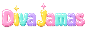 The text 'Diva Jamas' is displayed in a playful, 3D bubbly font with pastel colors including pink, yellow, light blue, and purple, accented with small star sparkles on a plain white background.